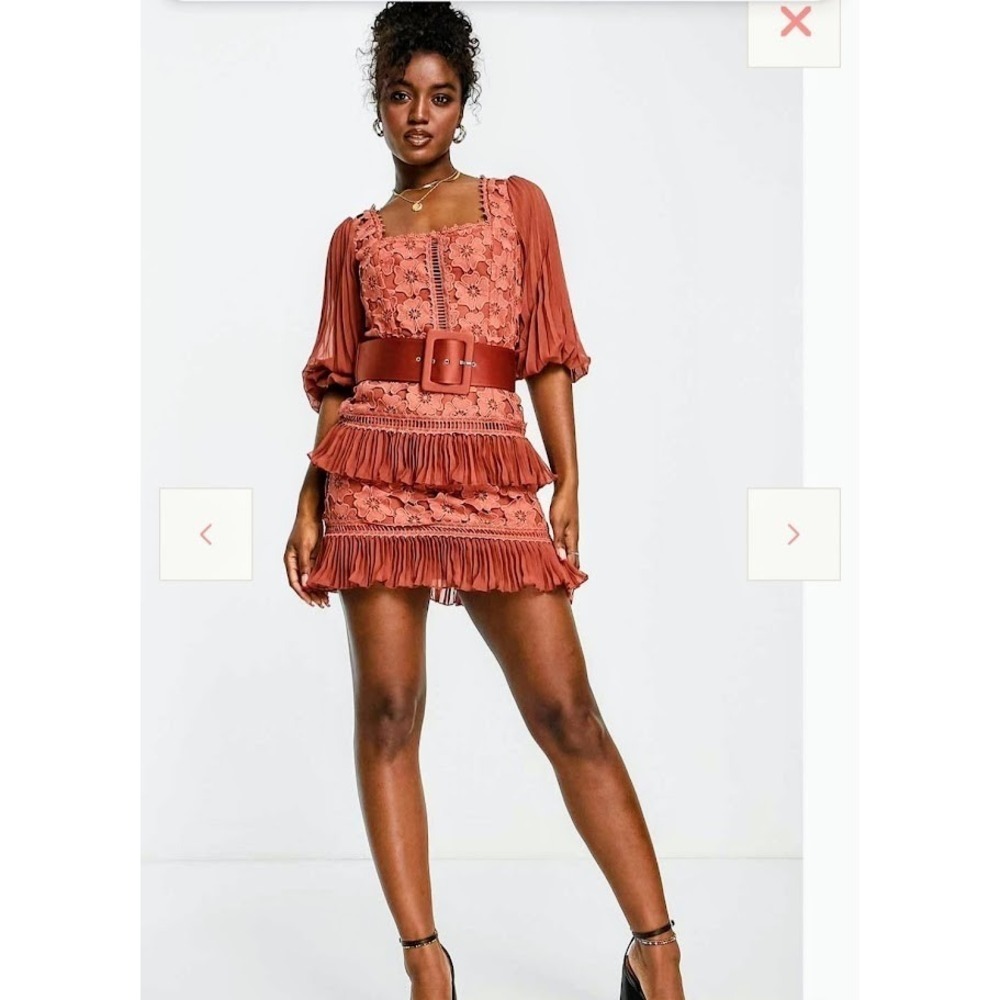 ASOS Design Rust Floral Lace NO BELT NWT Pleated Ruffle Mini Dress Square Neck